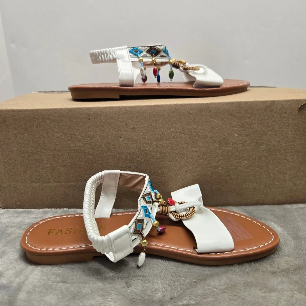 Fashion Kids White Boho Beaded Bow Sandals Elastic Slingback Flat Shoes Size 34